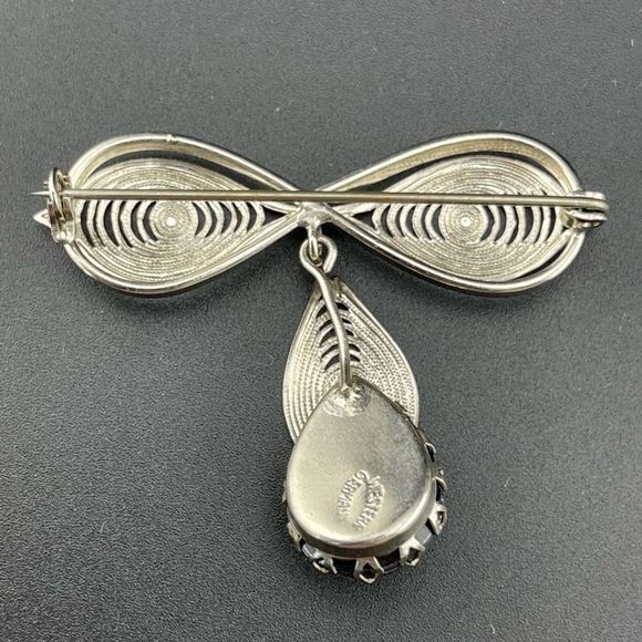 West Germany Signed Filigree Open Work Dangle Drop Dog Tooth Set Rhinestone Broo - Picture 2 of 4